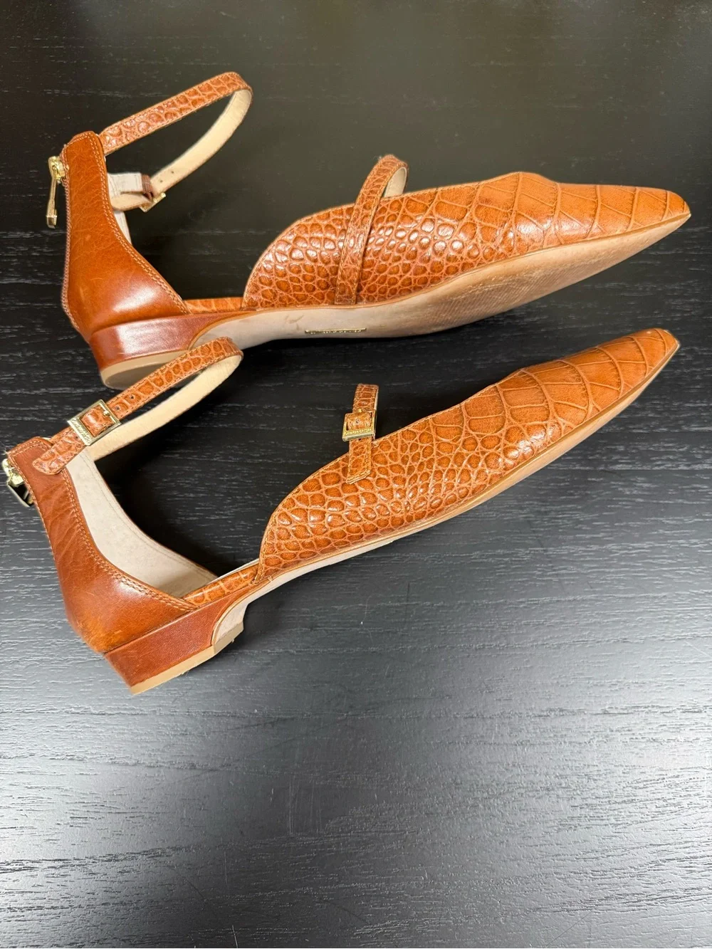 Pointed Mary Jane Flats in Croc-Embossed Tan